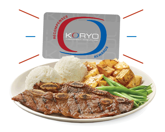 Plate with Korean-style ribs cooked on BBQ with rice green beans and potatoes with the Koryo rewards cards above it